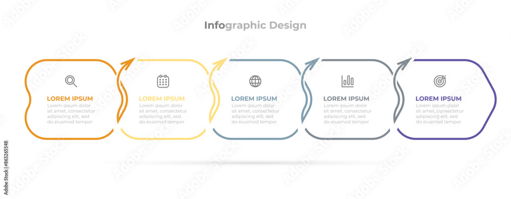 Vector business infographic label design with arrows and marketing icons. Timeline process with 5 options or steps. Ideal for business reports, strategic planning, and project management. Vector business infographic label design with arrows and marketing icons. Timeline process with 5 options or steps. Ideal for business reports, strategic planning, and project management.