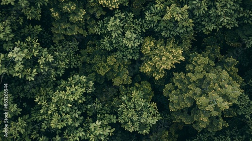 Aerial view of a dense green forest canopy. Lush foliage fills the frame, creating a natural, organic texture.