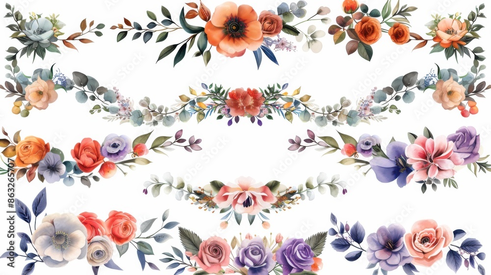 A collection of various hand-painted watercolor flower arrangements featuring vibrant blossoms and delicate foliage in soft, pastel colors on a white background. A collection of various hand-painted watercolor flower arrangements featuring vibrant blossoms and delicate foliage in soft, pastel colors on a white background.