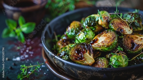 Close-up of roasted Brussels sprouts with balsamic glaze and thyme