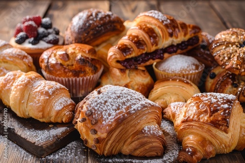 Assortment of freshly baked pastries, including croissants, muffins, and bread rolls, arranged on a rustic wooden surface.