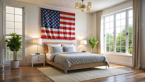 Interior of light bedroom with USA flag above cozy bed photo