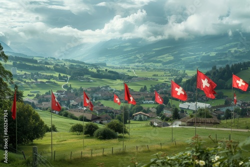 Swiss flag celebrated in diverse settings on national day in switzerland, showcasing national pride photo