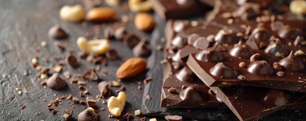 Close up of dark chocolate squares with almonds and chocolate chips. Close up of dark chocolate squares with almonds and chocolate chips.