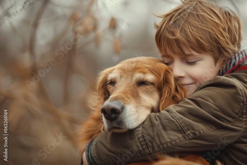 child hugs his dog Generative AI © València