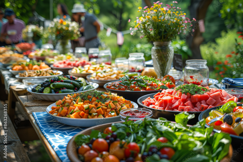 A long table set for an outdoor party with blue and white decor, vegetables, fresh watermelon, drink glasses, and plates of bountiful fruit salad.