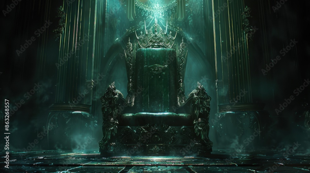 A majestic throne room features a grand throne decorated with intricate patterns and illuminated by ethereal green light. The atmosphere is mystical and regal. A majestic throne room features a grand throne decorated with intricate patterns and illuminated by ethereal green light. The atmosphere is mystical and regal.