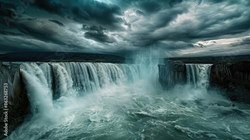 A powerful waterfall during a storm, with dark clouds overhead and water cascading into a churning river