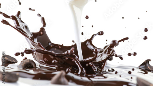 Milk and chocolate splashes on white background
