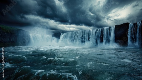 A powerful waterfall during a rainstorm, with dark clouds overhead and the water flowing rapidly into a turbulent river
