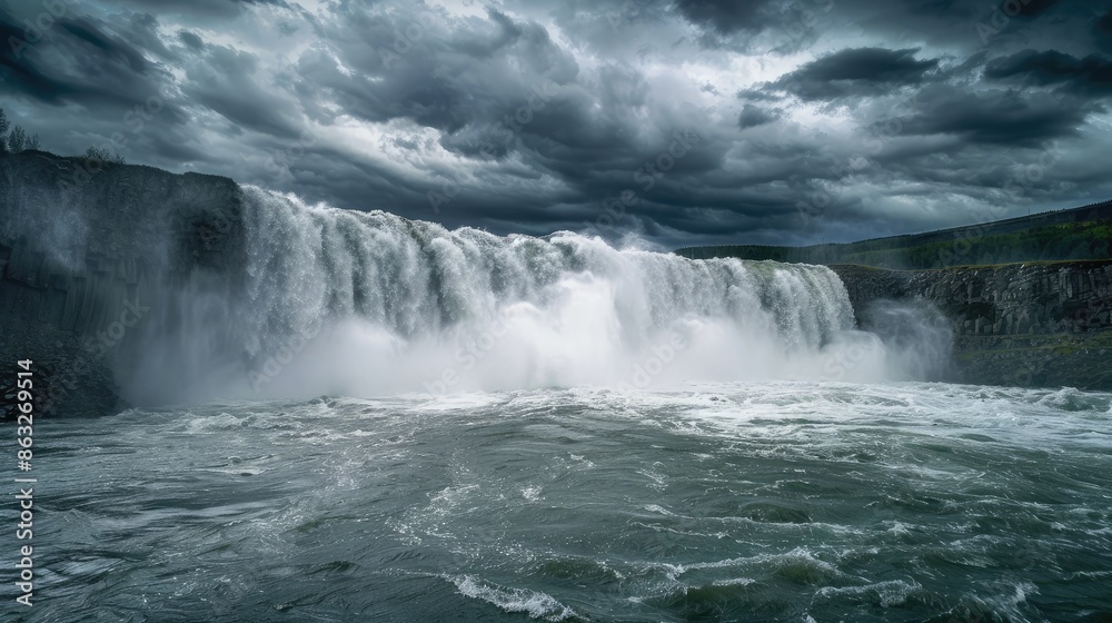 Obraz premium A powerful waterfall during a rainstorm, with dark clouds overhead and the water flowing rapidly into a turbulent river