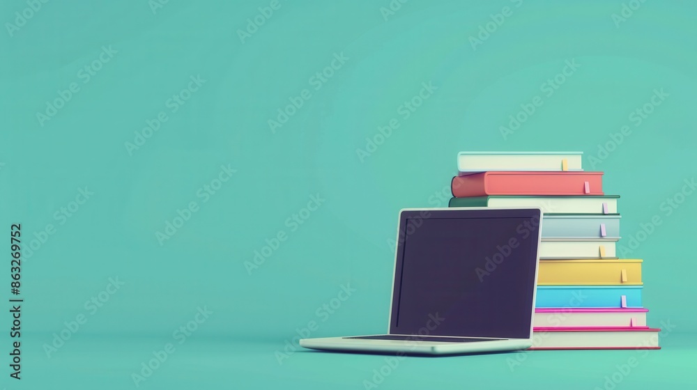 A laptop and a stack of colorful textbooks sit on a teal background. This image symbolizes modern learning methods. Generative AI