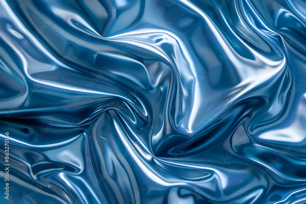 Fototapeta premium Soft blue fabric background with flowing waves in a smooth, satin texture