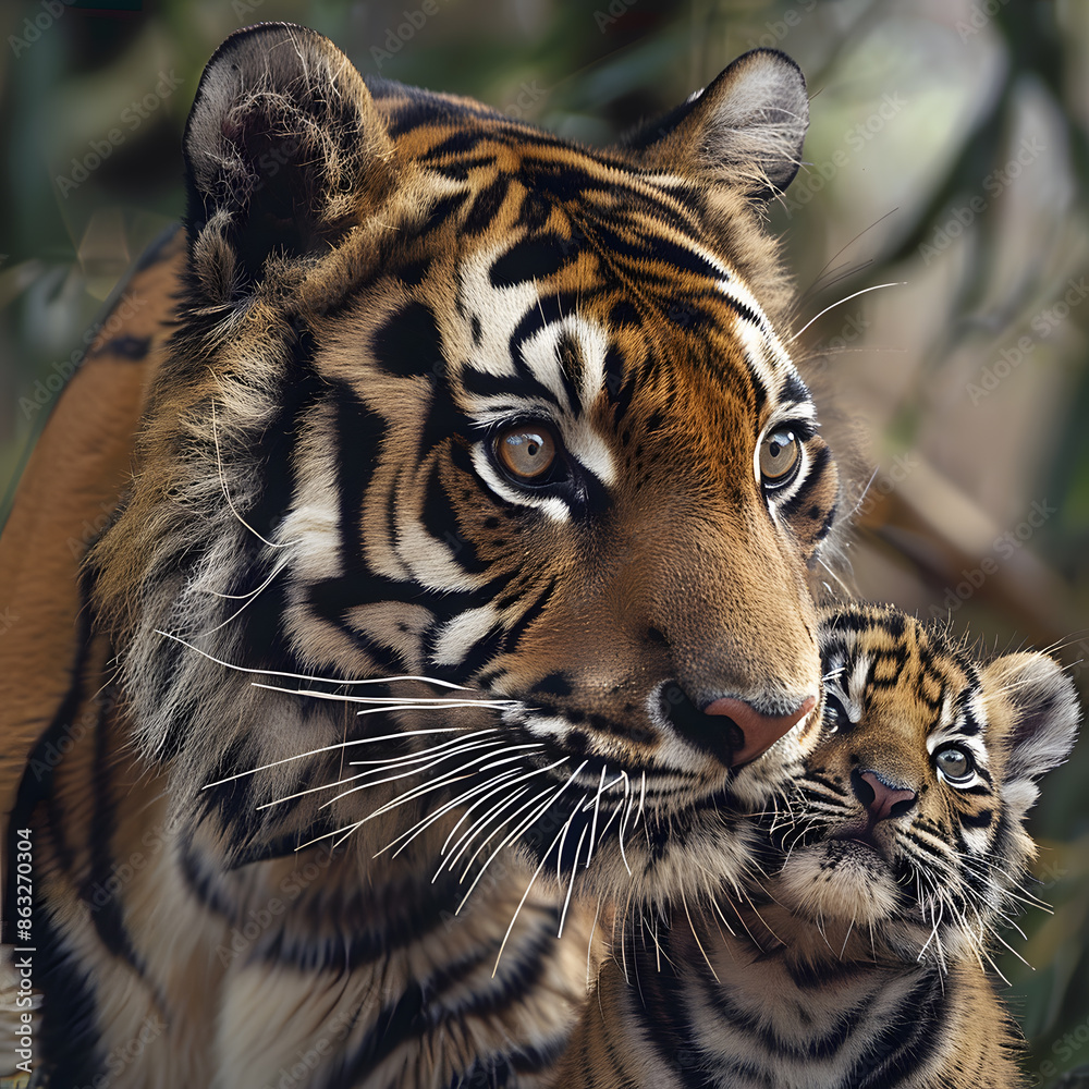 Fototapeta premium Tiger Cub Exploring Under Mother's Watchful Eye