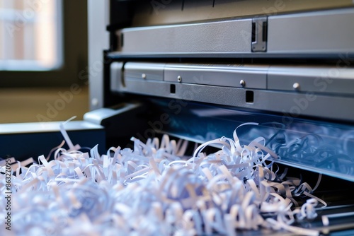 Close-up of shredded paper exiting a paper shredder. Shredded paper fills the tray below. photo