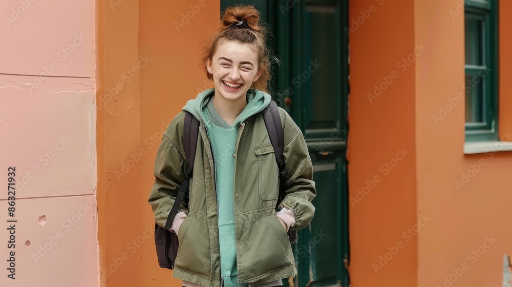 A young woman with blonde hair is laughing in front of a colorful background. She is wearing a green jacket and a backpack, suggesting she might be a student or traveler.
