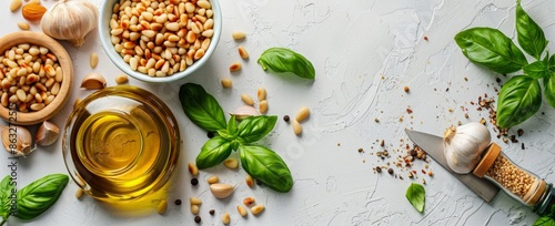 Fresh Pine Nuts in Bowl With Basil, Garlic, and Olive Oil