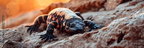 Photo of a single gila monster shot direction from below pose crawling on rock time of day dawn National Geographic film type Kodak UltraMax 400 using a macro lens to capture fine details photo