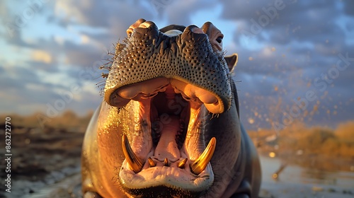 Photo of a single hippo shot direction from below pose yawning time of day dawn National Geographic film type Fuji Natura 1600 using a telephoto lens for an intimate closeup