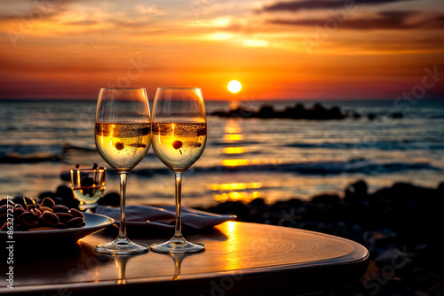 Two glasses of white wine on the table in front of the sea at sunset. Selective focus.