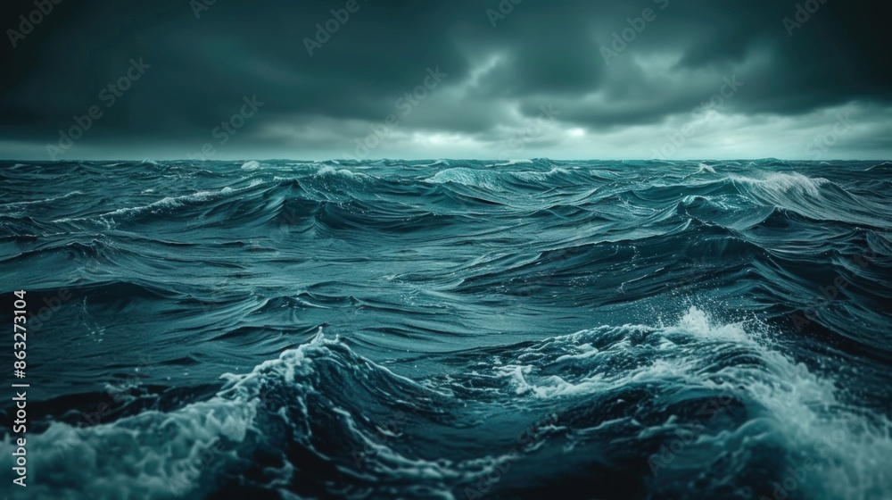 Fototapeta premium Dark, ominous ocean waves under a stormy night sky with dense clouds, evoking a mood of horror and unease.