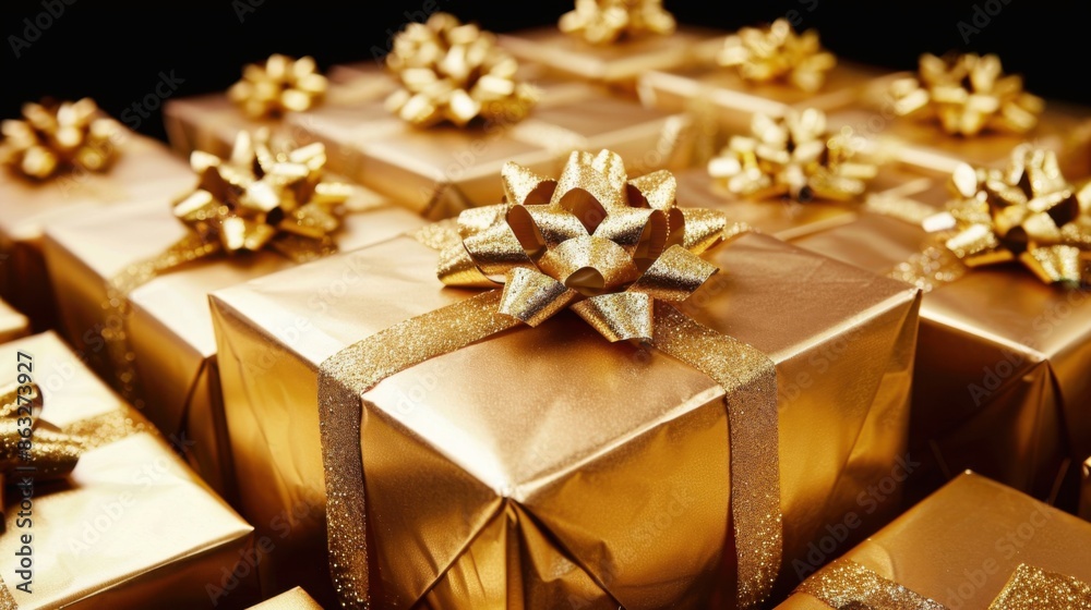 A collection of intricately wrapped golden gift boxes with shimmering ribbons arranged closely together, creating a festive and luxurious Christmas atmosphere.