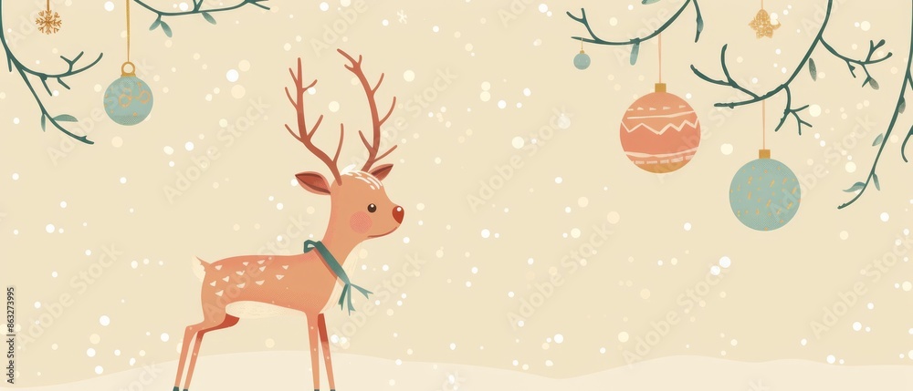 Obraz premium Cute reindeer with Christmas ornaments hanging from branches.