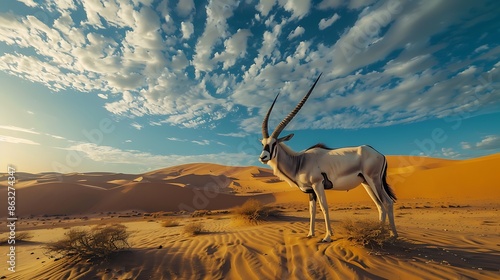 Photo of a single oryx shot direction from the front pose standing in desert time of day midday National Geographic film type Kodak UltraMax 400 using a wideangle lens for dramatic perspective photo