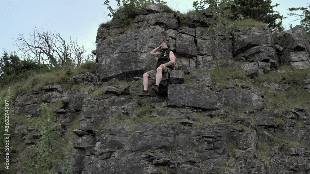Bearded Male hiker, sleeveless top, sitting on top of rocky mountain peak, freedom in nature, adventure and lifestyle concept, Bearded Male hiker, sleeveless top, sitting on top of rocky mountain peak, freedom in nature, adventure and lifestyle concept,