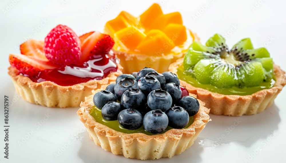 Four mini tarts topped with fresh fruit - blueberries, strawberries, raspberries, and kiwi. Four mini tarts topped with fresh fruit - blueberries, strawberries, raspberries, and kiwi.