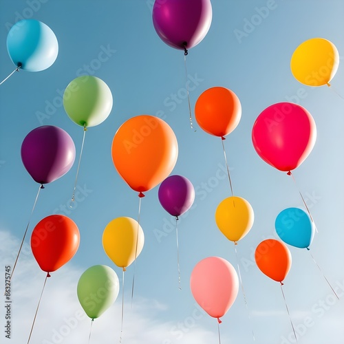 Assorted Colorful Balloons Floating Gracefully in the Clear Blue Sky on a Sunny Day Creating a Festive and Joyful Atmosphere