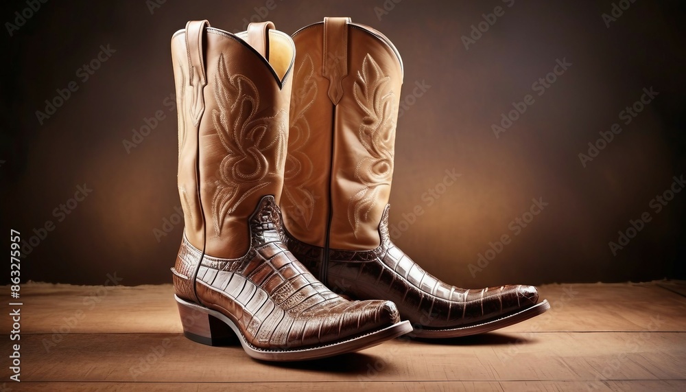 traditional cowboy boots with crocodile skin, isolated background
