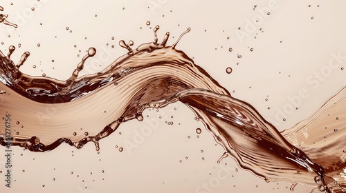 Brown cream coffee liquid swirl splash with little foundation bubbles isolated on clear png background, liquid fluid element flowing in form of wave, with Generative AI.