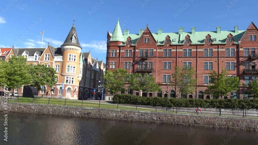 Gavle, Sweden A panning view of old landmark buildings on Sodra Skeppsbron in the town centre. Gavle, Sweden A panning view of old landmark buildings on Sodra Skeppsbron in the town centre.