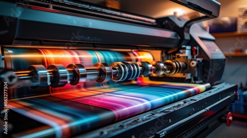 A modern printing press machine in operation, showcasing vibrant and colorful prints. The image highlights the technical details and precision of contemporary printing technology.