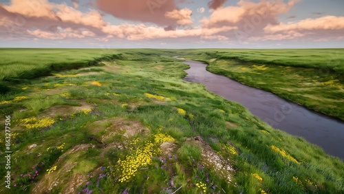 Aerial view of beautiful undocumented natural landscape with vast grasslands, scattered wildflowers, flowing river