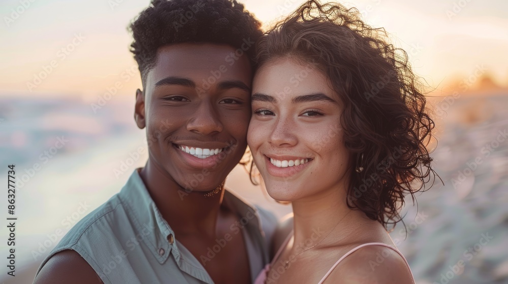 Young Asian woman with short curly hair and cheerful black man with brown hair hugging on the beach at sunset, she in pink dress, he in green shirt, minimalistic background, waist-up