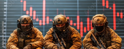 Trio of soldiers in tactical gear seated before a backdrop of red financial graphs, hinting at the intersection of defense and economy photo