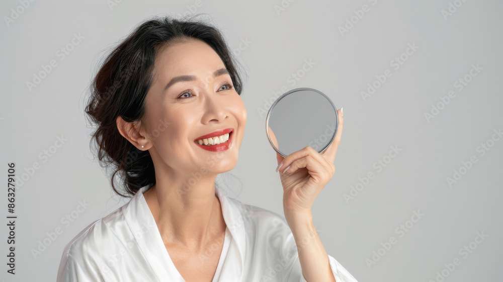 A happy mature woman holding a small round mirror, embracing her beauty with a smile A happy mature woman holding a small round mirror, embracing her beauty with a smile