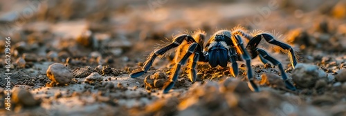 Photo of a tarantula shot direction from the left side pose crawling time of day early evening National Geographic film type Fuji Natura 1600 using high dynamic range HDR for depth and texture photo