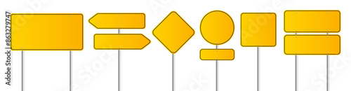 Realistic yellow road sign. Isolated signal tables. Blank street traffic symbols, stopping boards. Signaling plates vector set. Signal road for control traffic collection illustration