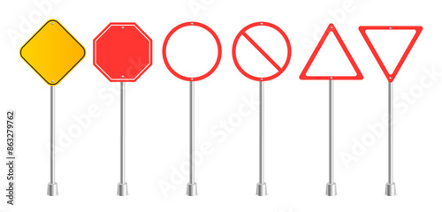 Vector road sign. Realistic blank traffic regulatory template. Empty warning banners mockup element