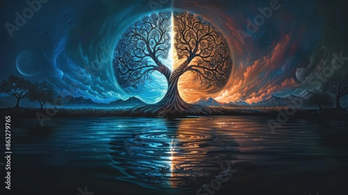 This image depicts the Ying-yang concept of balance with an Yggdrasil tree of life, showing a juxtaposition of day and night themes, reflected beautifully in water.