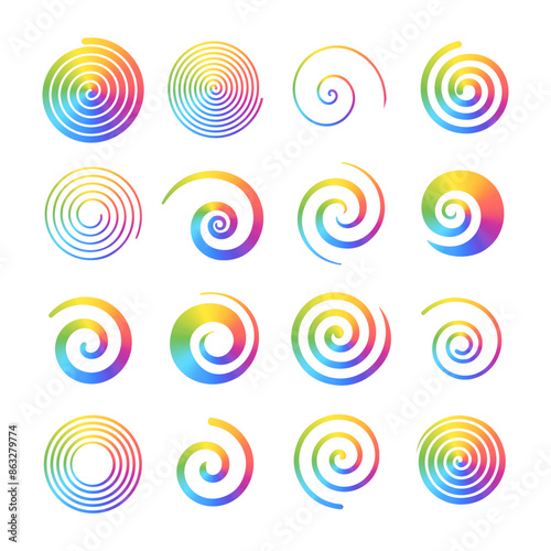 Set of rainbow color spirals. Abstract swirl shapes with bright multi color gradient. Twisting circles. Summer design elements. Isolated vector icons