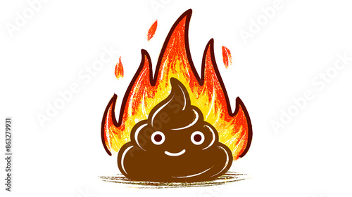 Brown poop pile with a quirky smile meme face on fire with burning orange flames, white isolated background