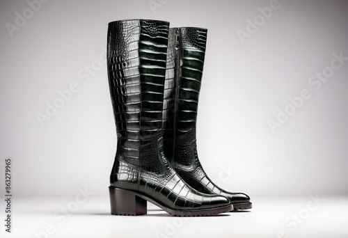 Stylish women's crocodile boots, isolated background.