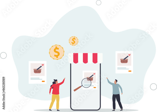 E-commerce store for online shopping and purchases.Distant internet shop with website or mobile application platform for customers .flat illustration.