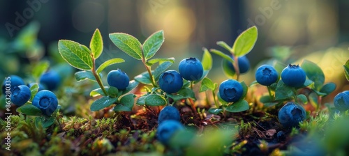 Ripe Blueberries on a Mossy Forest Floor in the Summer
