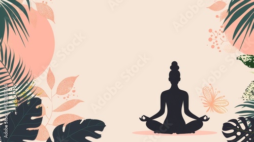 Silhouette of a woman meditating in a peaceful tropical setting. photo