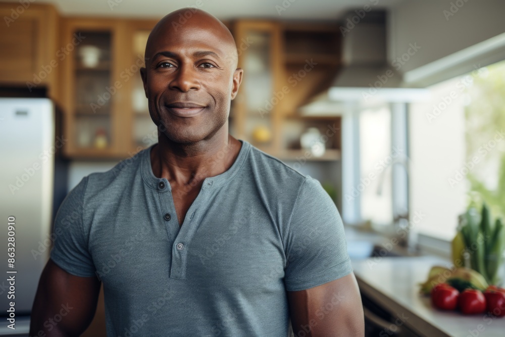 Portrait of a smiling middle aged fit man in modern kitchen with fresh vegetables Portrait of a smiling middle aged fit man in modern kitchen with fresh vegetables